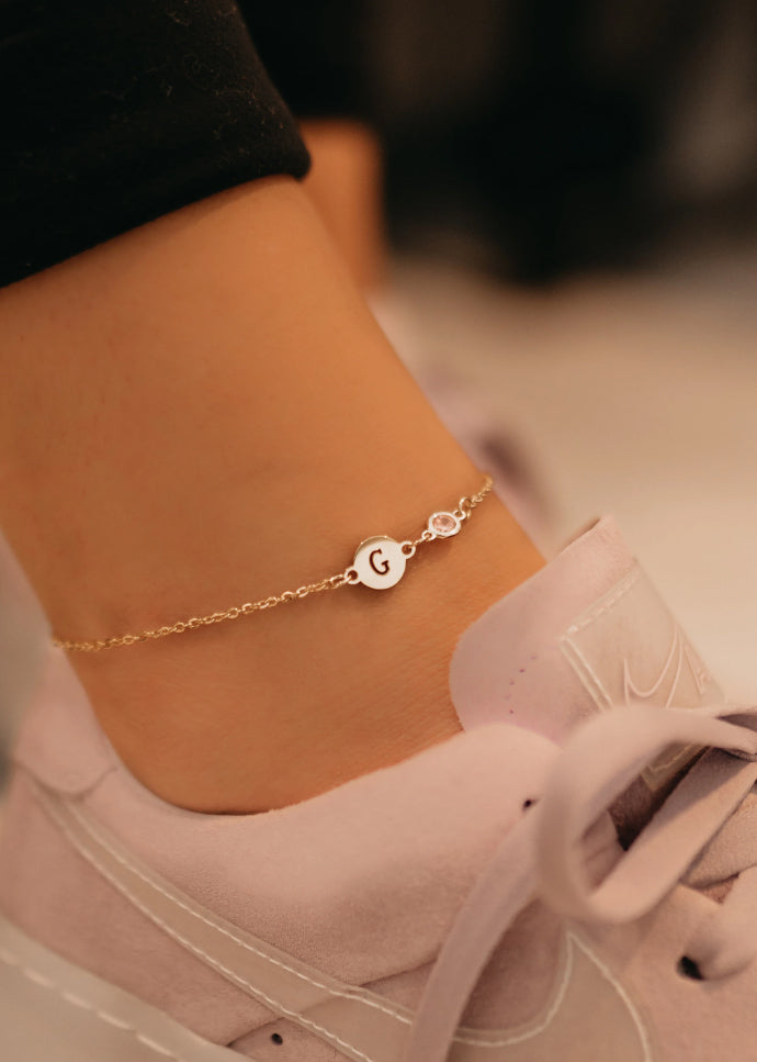 Myka Initial Birthstone Tag Anklet in Gold Plating