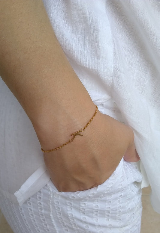 Sideways Initial Gold Bracelet Delicate and Dainty Personalized Tiny Letter Bracelet Gold Letter Graduation Birthday gift, Bridesmaid Gift - Anya Collection