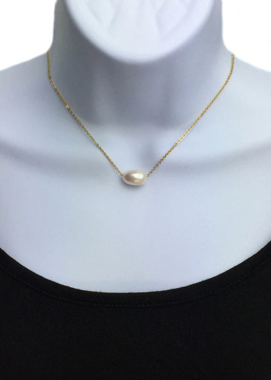 Freshwater Ivory Single Floating Pearl Choker Necklace on chain. - Anya Collection