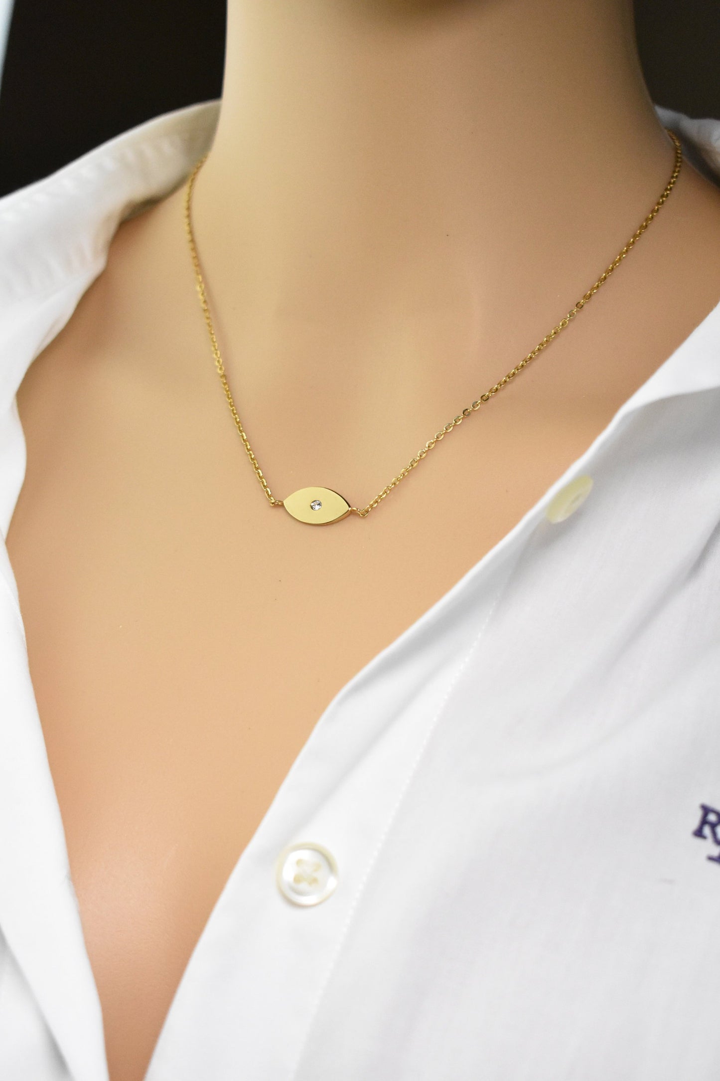 Diamond Evil Eye Necklace, gold evil eye necklace with tiny diamond, Hamsa Necklace, Protection Necklace, Personalized Engraved - Anya Collection