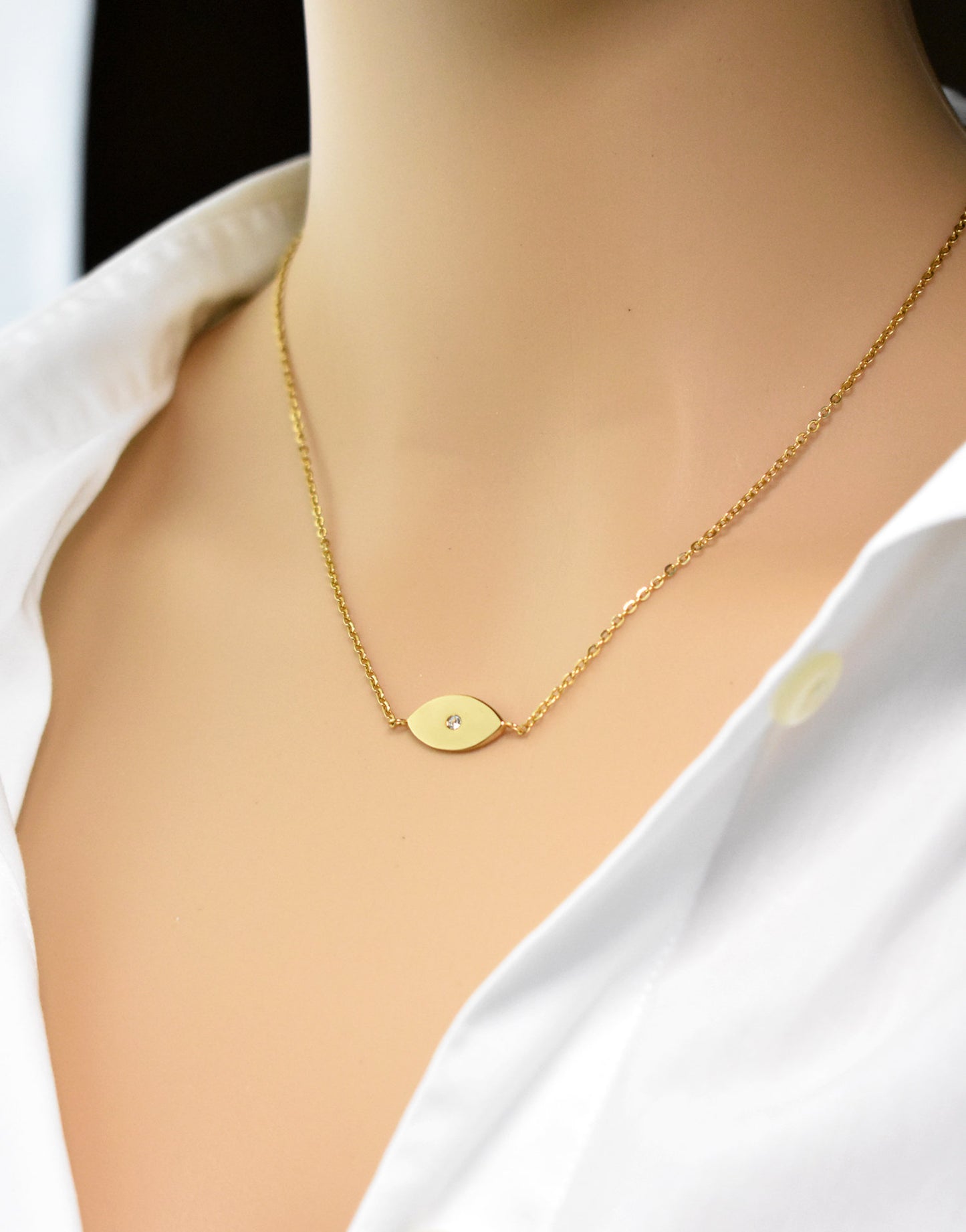 Diamond Evil Eye Necklace, gold evil eye necklace with tiny diamond, Hamsa Necklace, Protection Necklace, Personalized Engraved - Anya Collection