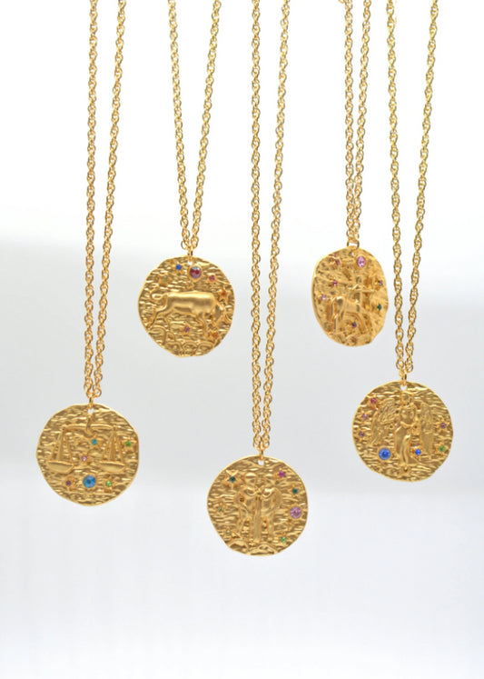 Gold Zodiac Coin Necklace | Astrology Sign | Birthday Jewelry Gift |Horoscope Necklace | Celestial Jewelry - - Anya Collection