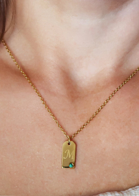 Tiny Name Tag Charm, Personalized Birthstone Necklace, Gold Name Tag Pendant, Monogram Initial, Custom Engraved, Mini Name Jewelry - Anya Collection