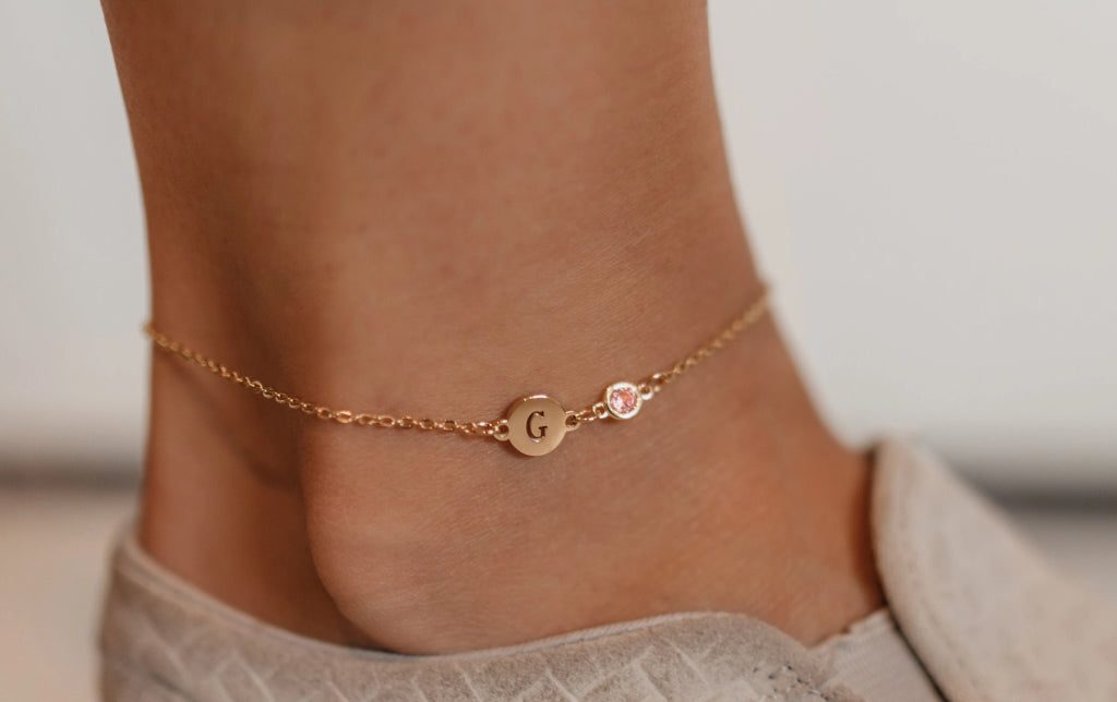 Personalized Monogram Anklet, Gold Initial Anklet, Personalized Birthstone Jewelry, 8mm Tiny Gold Disc Anklet - Anklets - Anya Collection