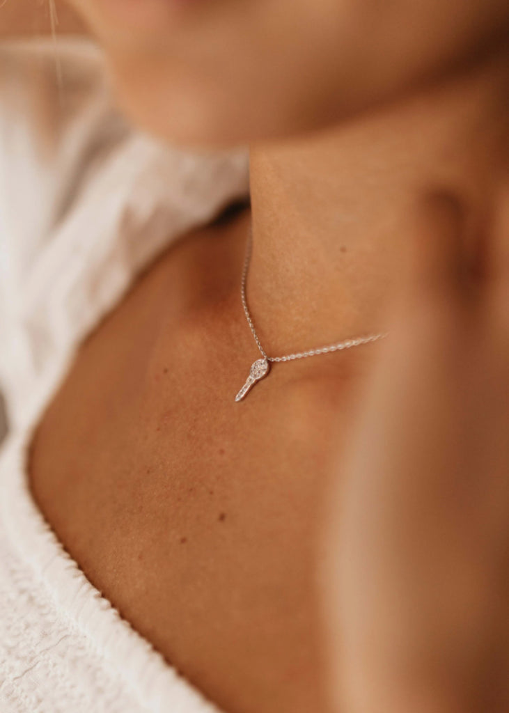 Tiny Key Necklace, Diamond Silver Key Pendant. - Necklace - Anya Collection