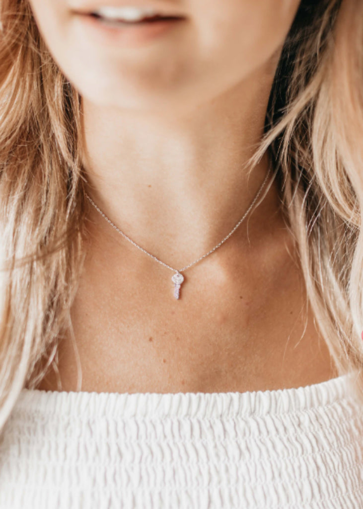 Tiny Key Necklace, Diamond Silver Key Pendant. - Necklace - Anya Collection