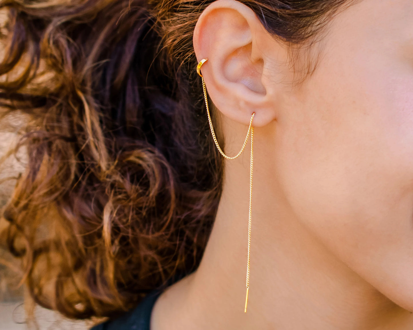 Ear Cuff Chain Earrings • Long Chain Threader Earring • Chain Dangle • Threader with Ear Cuff • Threader Earrings • Ear cuff with Chain - Anya Collection