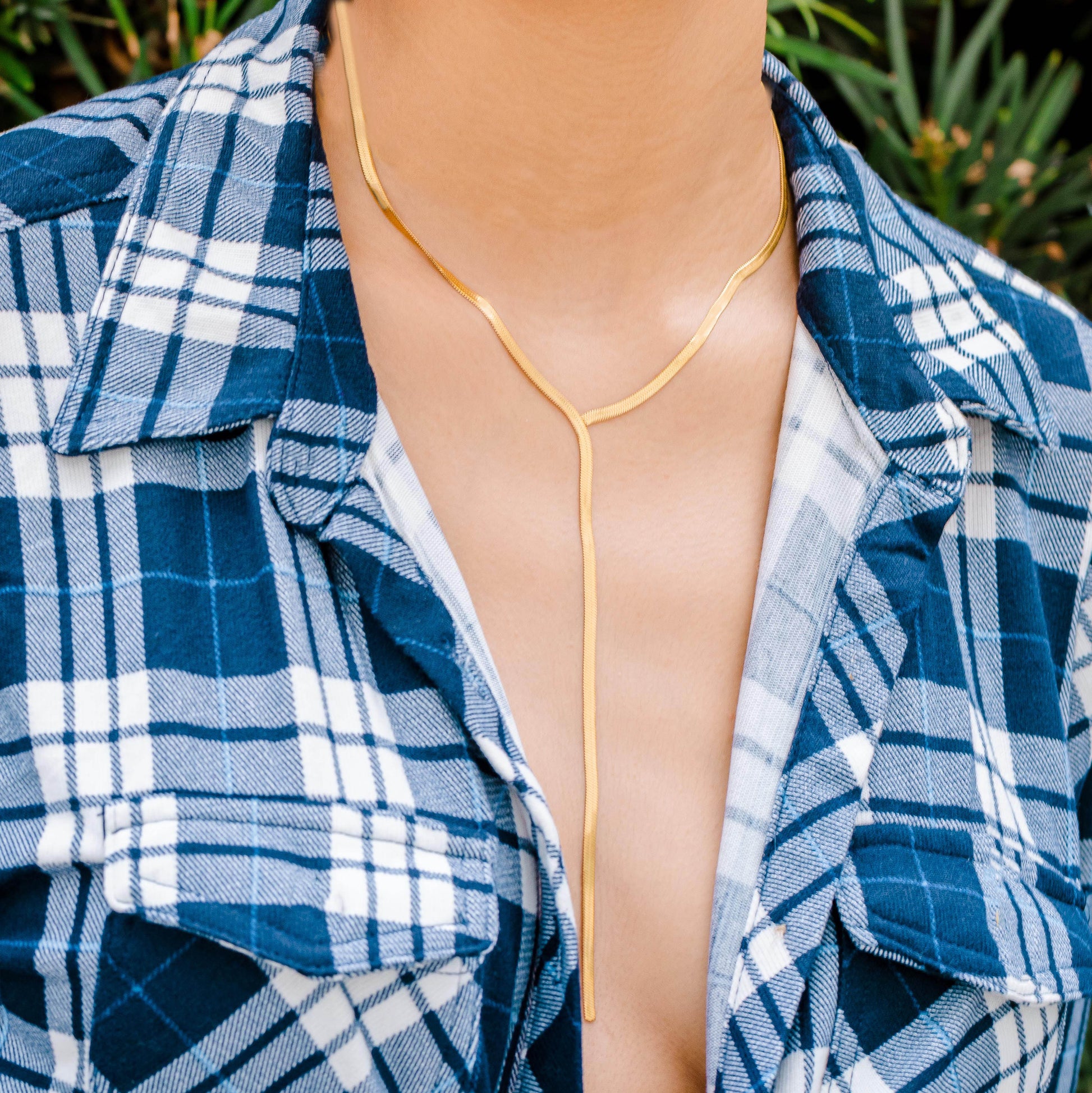 Sleek Gold Lariat Necklace, Snake Chain Choker, Herringbone Lariat Choker