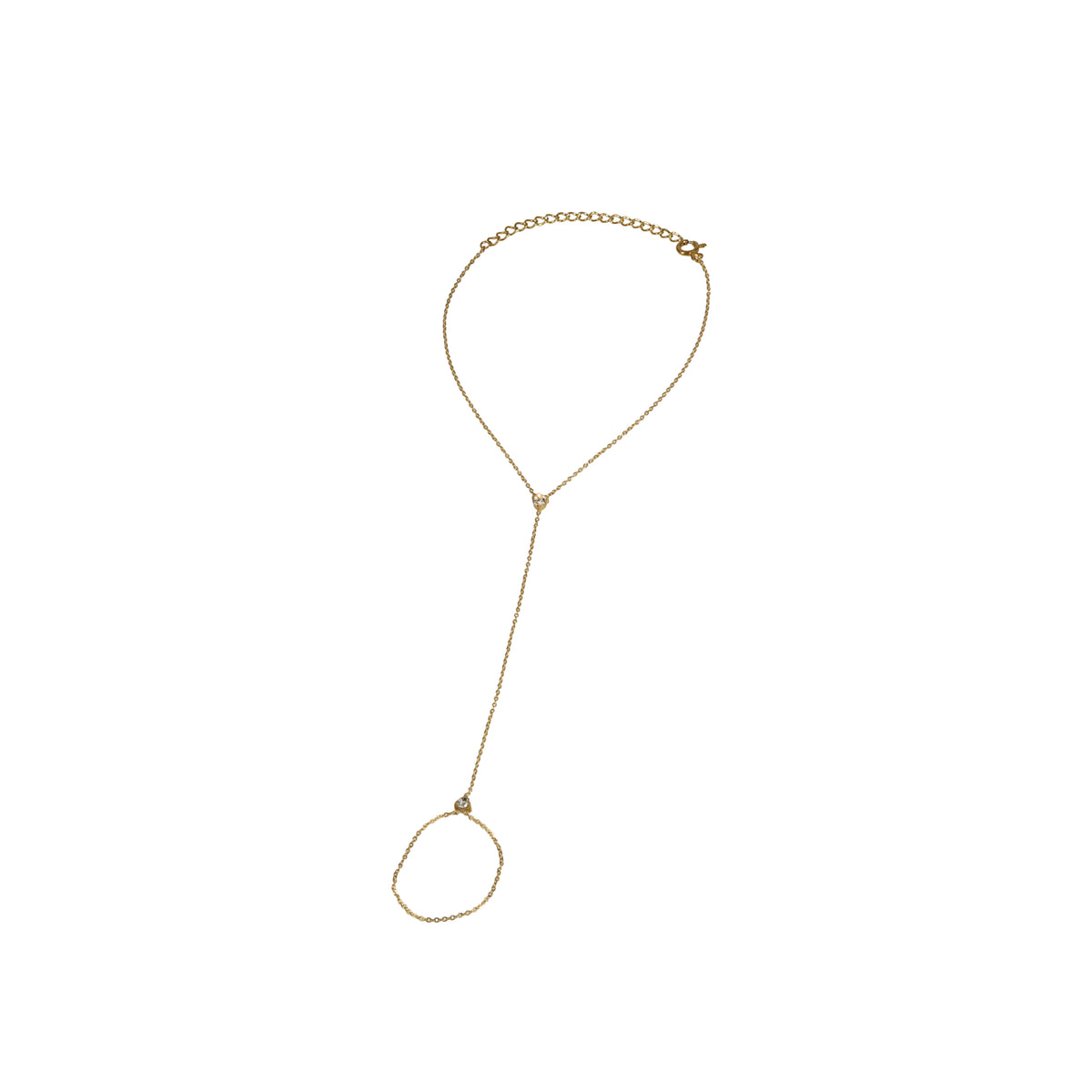 A delicate gold hand bracelet, displayed on a clean white background.