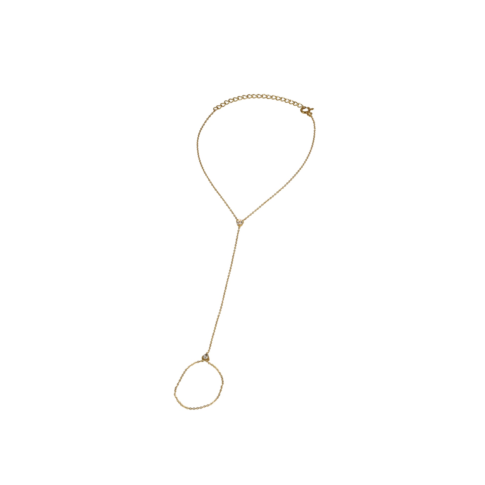 A delicate gold hand bracelet, displayed on a clean white background.
