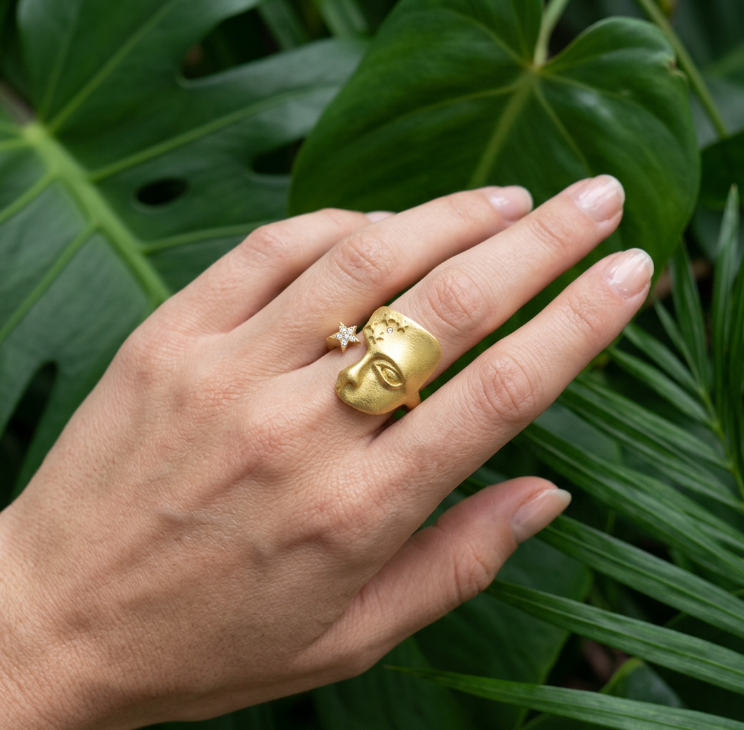 Hand wearing a gold ring with a face design against a green leafy background
