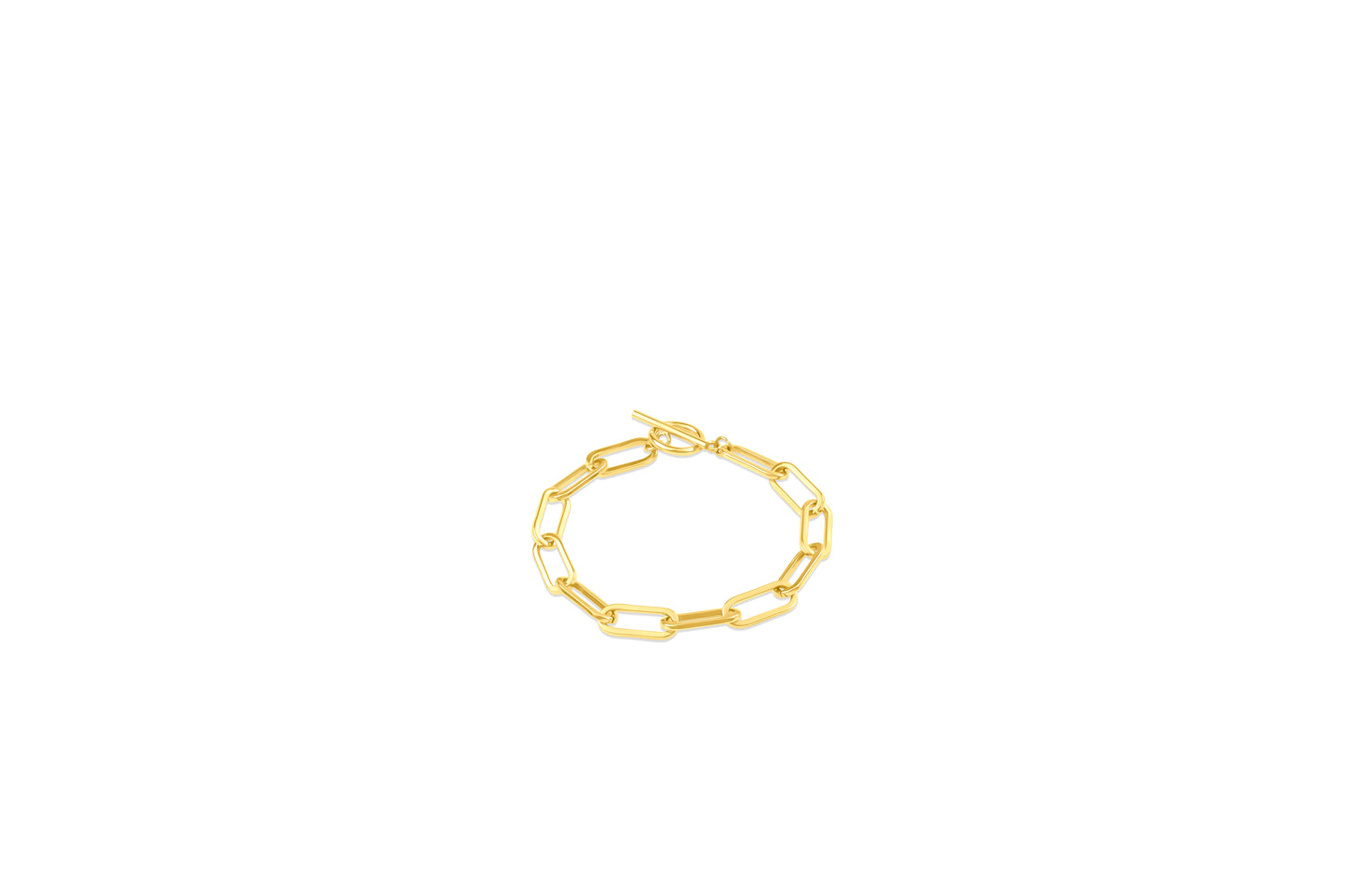 Gold Chunky Paperclip Chain bracelet with toggle closure.