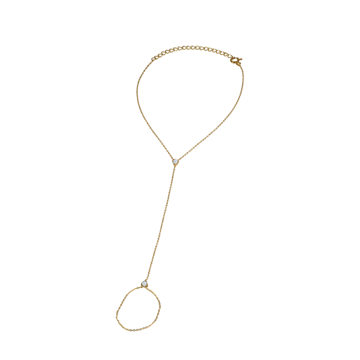 A delicate goldm hand bracelet  on a plain white background.