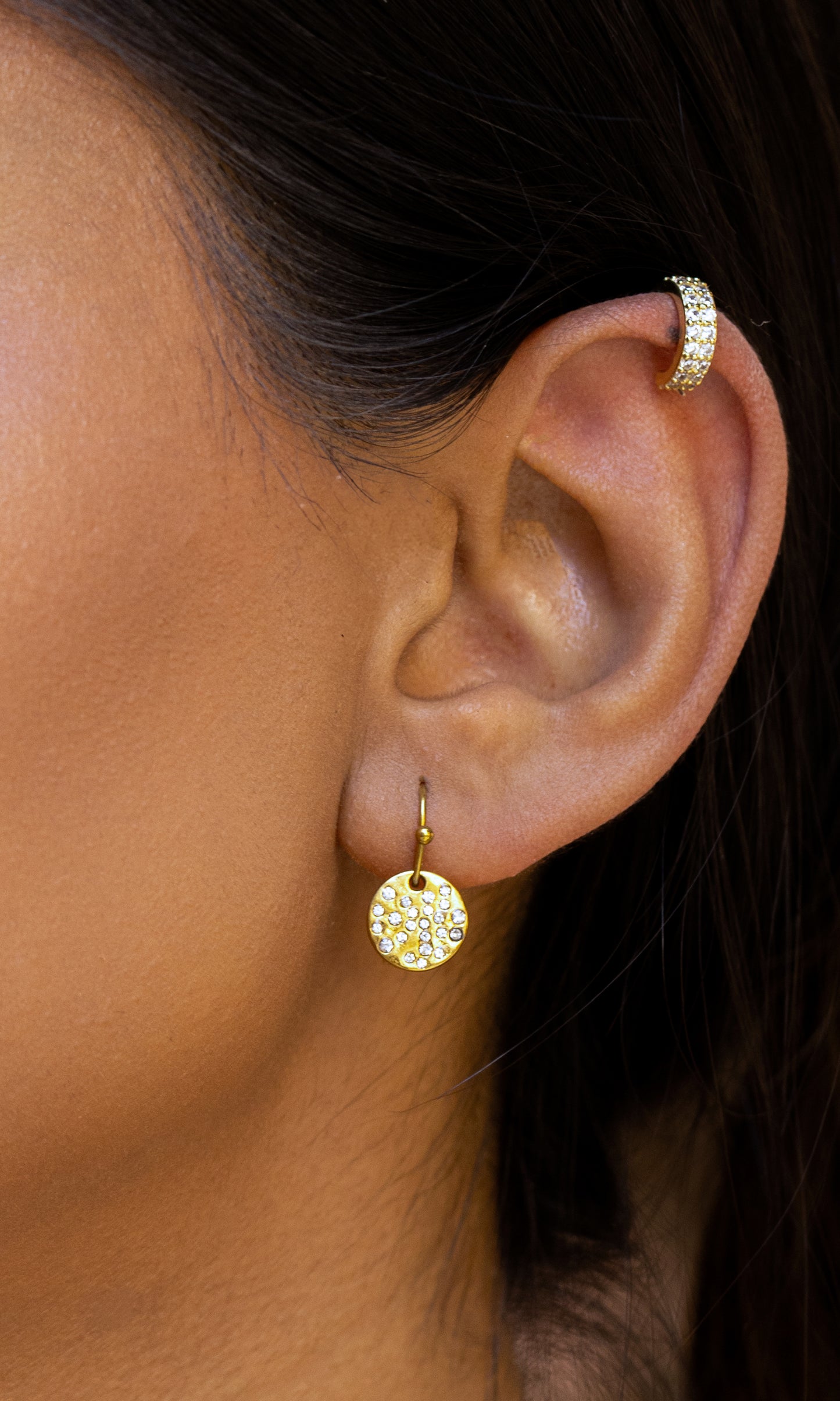 Gold or Silver Drop Hammered Disc Earrings