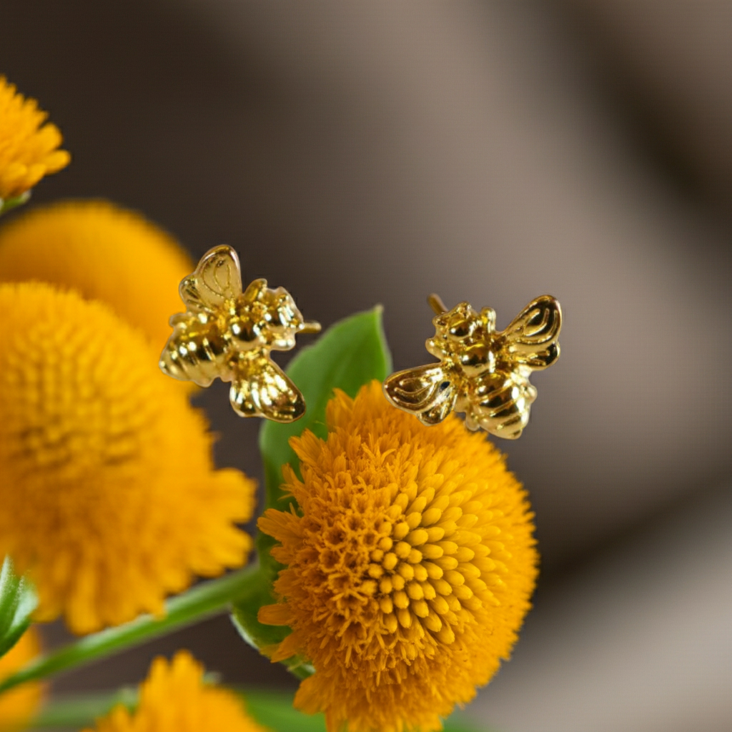 Gold bee-shaped earrings on yellow flowers with a blurred background