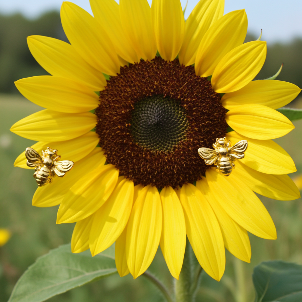 Sunflower with two gold bee pins on a blurred natural background
