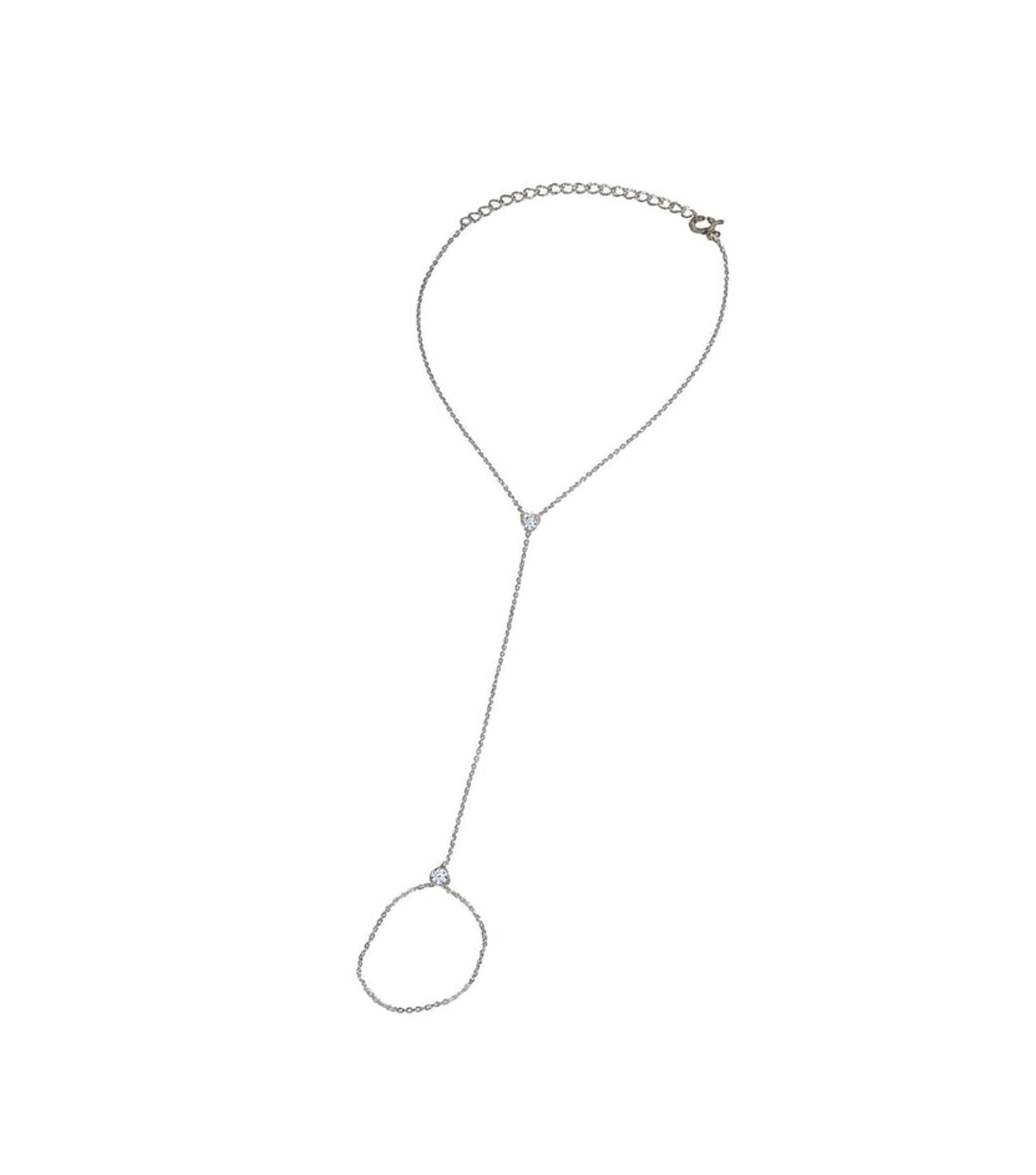 A delicate platinum hand bracelet  on a plain white background.