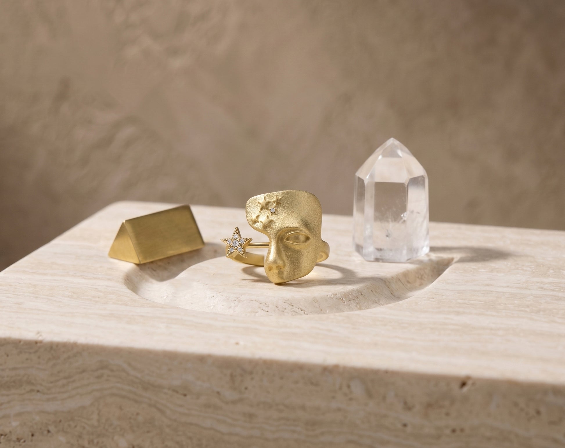 gold mystic ring with quartz crystal and gold triangle