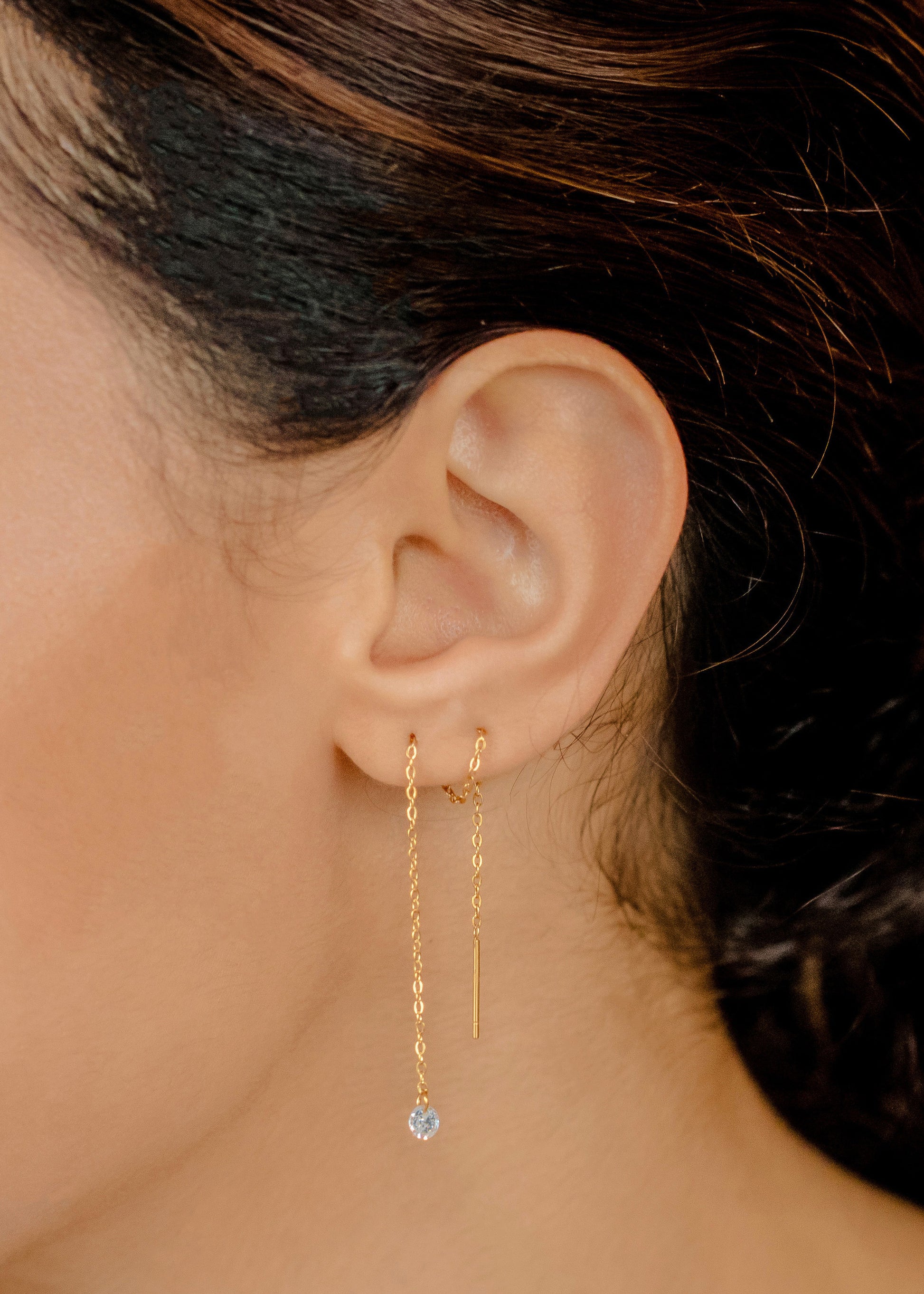 Diamond Ear Threader • Long Chain Earrings • CZ Threader Earrings • Long Threader Earring • Double Piercing • Crystal Diamond Dangle Earring - Anya Collection