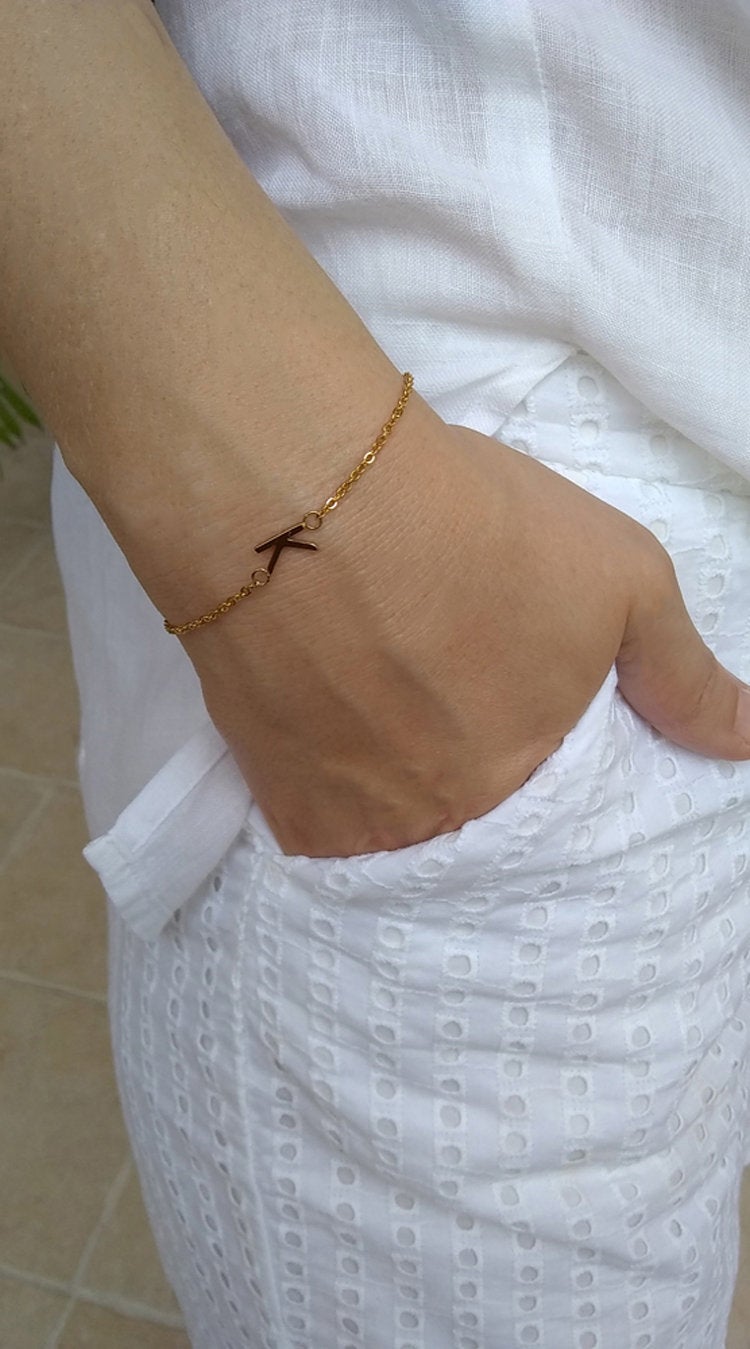 Sideways Initial Gold Bracelet Delicate and Dainty Personalized Tiny Letter Bracelet Gold Letter Graduation Birthday gift, Bridesmaid Gift - Anya Collection