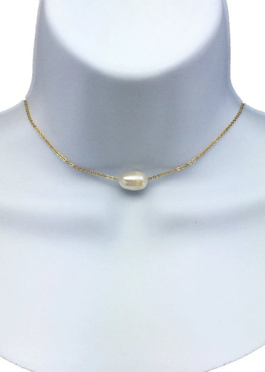 Freshwater Ivory Single Floating Pearl Choker Necklace on chain. - Anya Collection