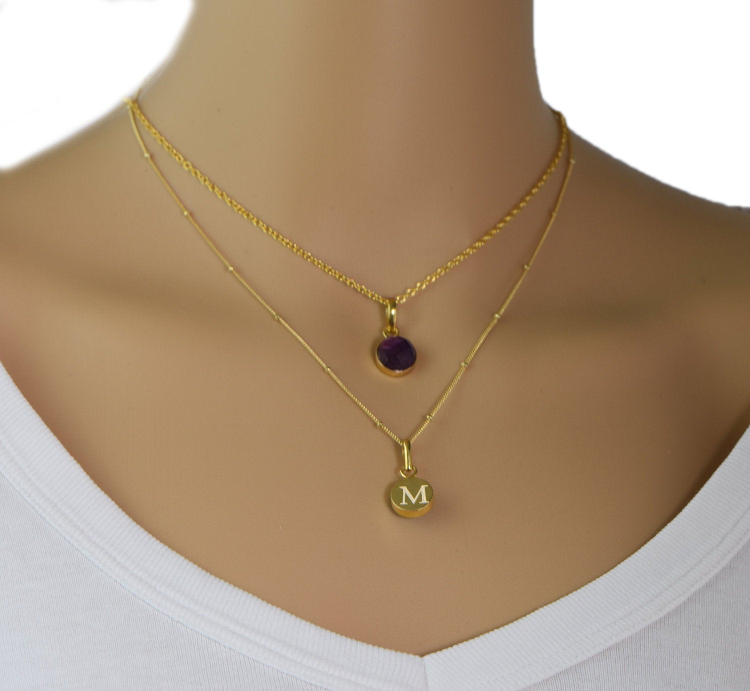 Engraved Birthstone Necklace, June Birthstone, Personalized Initial Name, Custom Gold Pendant Necklace, Birthstone Jewelry - Anya Collection