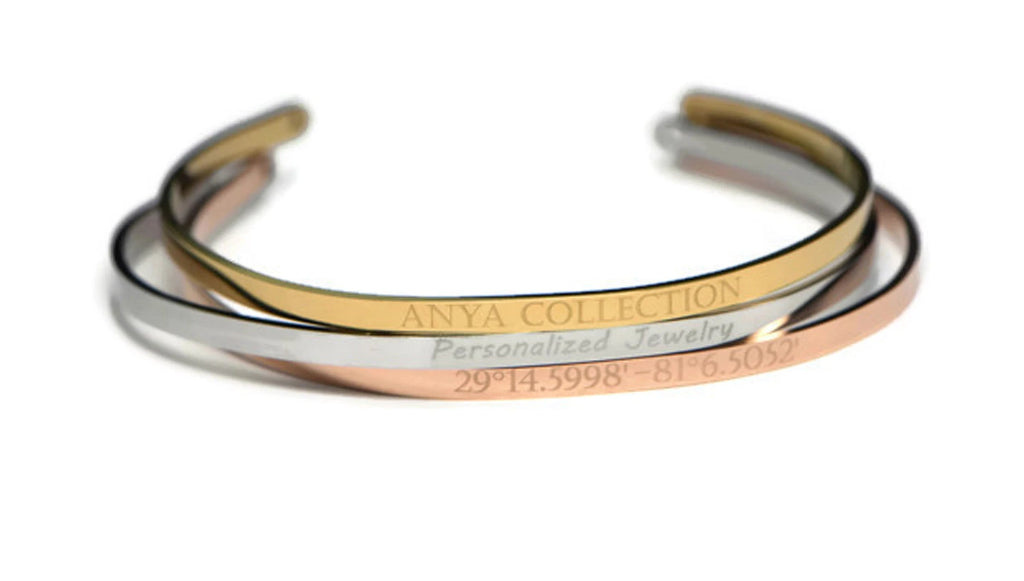 Custom Text Bracelet, Personalized Stacking Bracelet, Cuff Engraved Bangle, Name Jewelry Gold Dainty, Skinny Quote Stacking Bracelets -  - Anya Collection