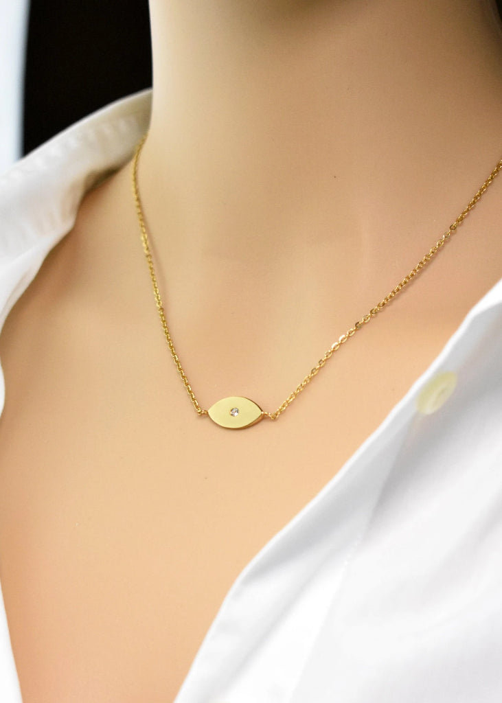 CZ Evil Eye Necklace, gold evil eye necklace with tiny Cubic Zirconia diamond, Hamsa Necklace, Protection Necklace, Personalized Engraved - Necklace - Anya Collection
