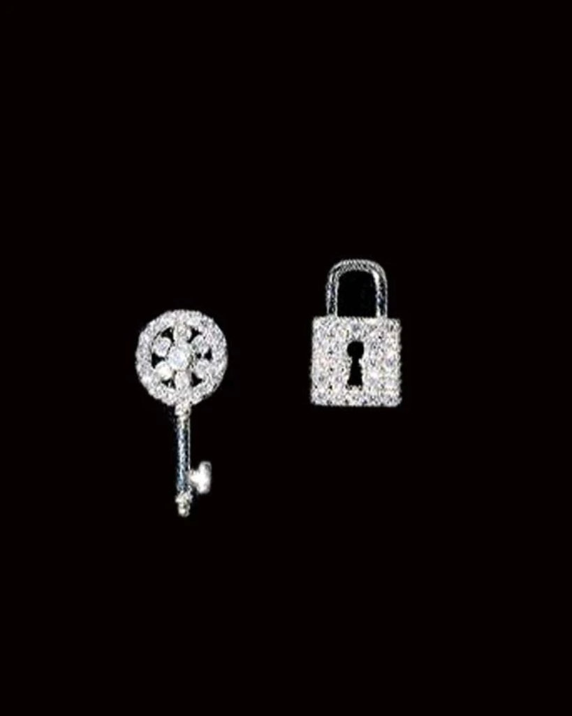 Padlock and Key Earrings, CZ lock earrings, key Earrings, CZ Pave Earrings, Lock and Key - earrings - Anya Collection