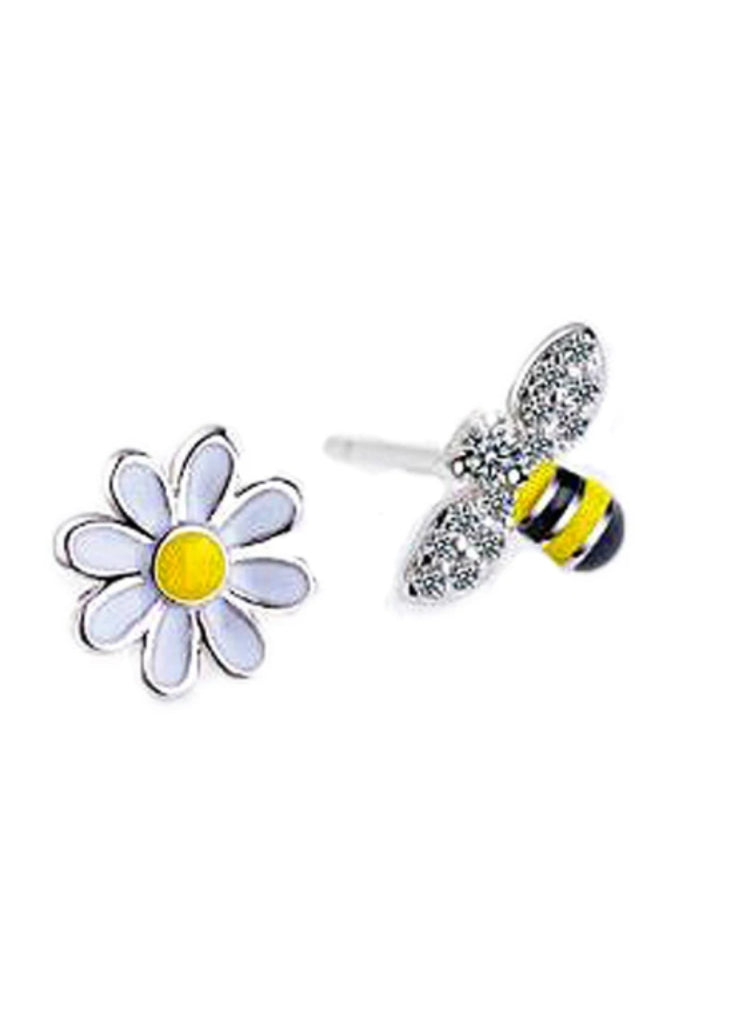 Mismatch Bee Flower Enamel earrings, Dainty studs, Kids earrings, Small earrings, Tiny Bee studs, Sterling Silver enamel tiny Bee studs - Anya Collection