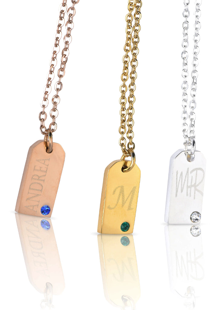 Tiny Name Tag Charm, Personalized Birthstone Necklace, Gold Name Tag Pendant, Monogram Initial, Custom Engraved, Mini Name Jewelry - Anya Collection