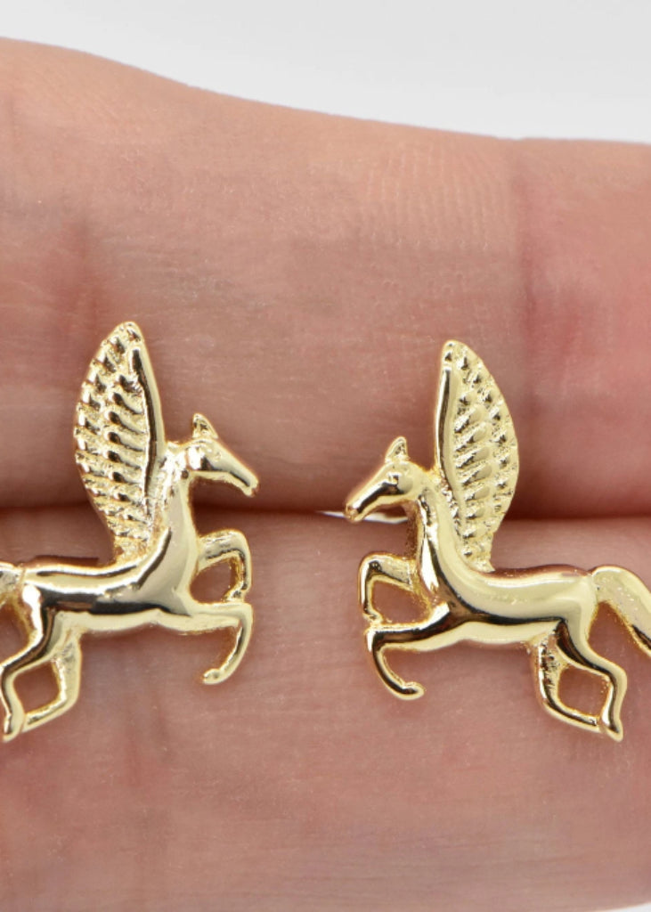 Pegasus Earrings, Gold Tiny Studs, Kids earrings, Birthday Gift, Children's Girl's Jewelry, Children Earring, Winged Horse, Tiny Mini Animal - earrings - Anya Collection