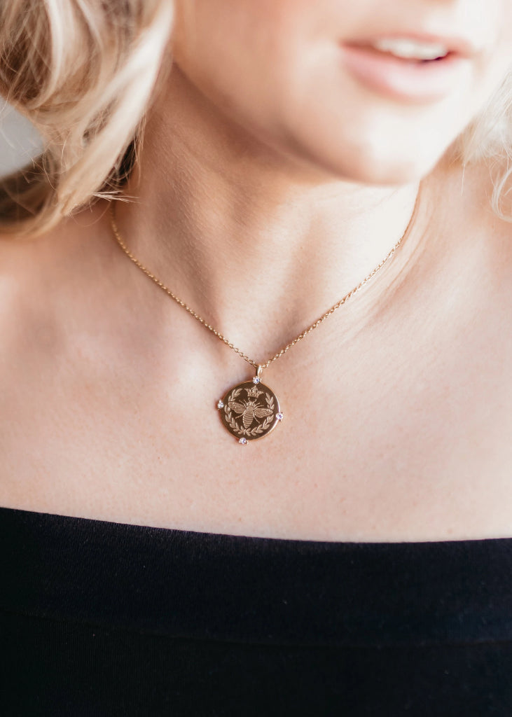Bee Necklace, Bee Pendant Necklace, Coin Necklace, Medallion Necklace, Engraved Coin Necklace, Gold Pendant Necklace, Queen Bee Necklace - Necklace - Anya Collection