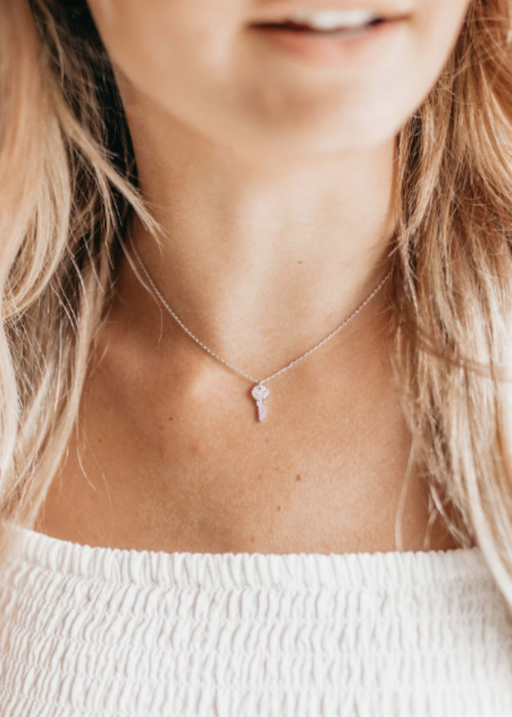 Tiny Key Necklace, Diamond Silver Key Pendant. - Necklace - Anya Collection