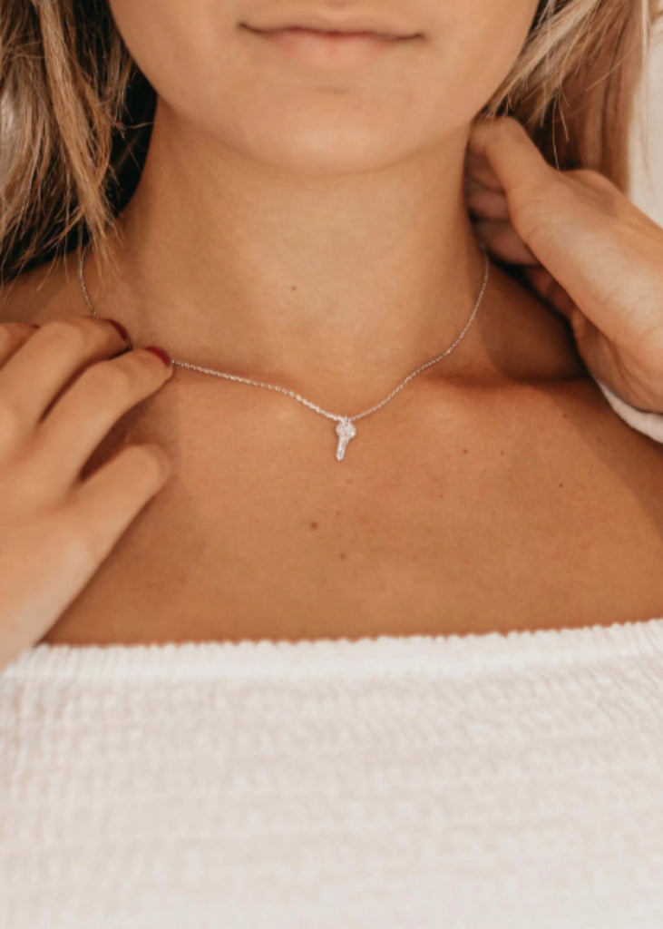 Tiny Key Necklace, Diamond Silver Key Pendant. - Necklace - Anya Collection
